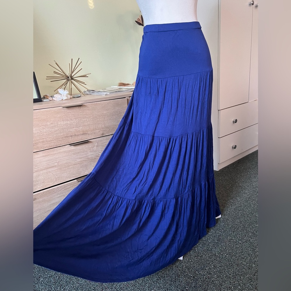 Boho Hipster Cobalt Royal Blue Tiered Stretch Slinky Modest A-Line Maxi Skirt M